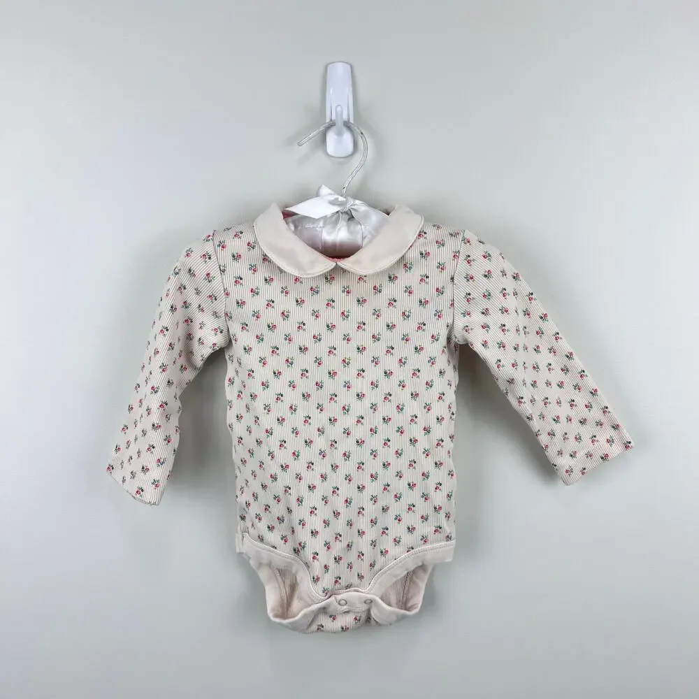 Mini Boden Long Sleeve Floral Peter Pan Collar Ribbed Bodysuit 3-6 Months